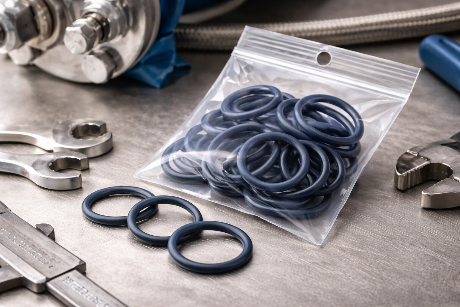 Detailaufnahme eines durchsichtigen Kunststoffbeutels mit vielen dunkelblauen O‑Ringen auf einer Metallarbeitsfläche, im Vordergrund liegen mehrere einzelne O‑Ringe, im unscharfen Hintergrund sind metallische Werkzeuge und Bauteile einer Anlage zu sehen.