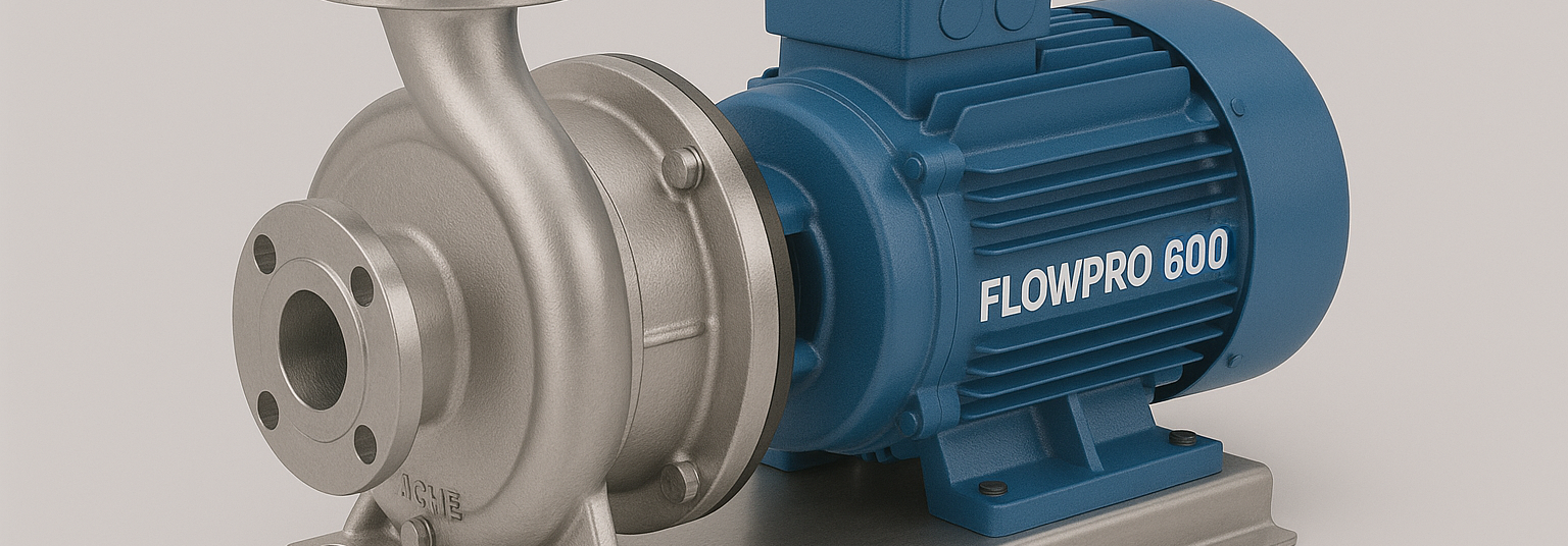 Detailansicht einer Kreiselpumpe mit Edelstahlgehäuse und blauem Elektromotor mit der Bezeichnung FlowPro 600, montiert auf einer Metallgrundplatte.