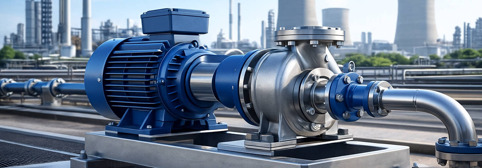 Blaue Kreiselpumpe mit Elektromotor, installiert auf einer Metallplattform und verbunden mit Rohrleitungen in einer industriellen Anlage.