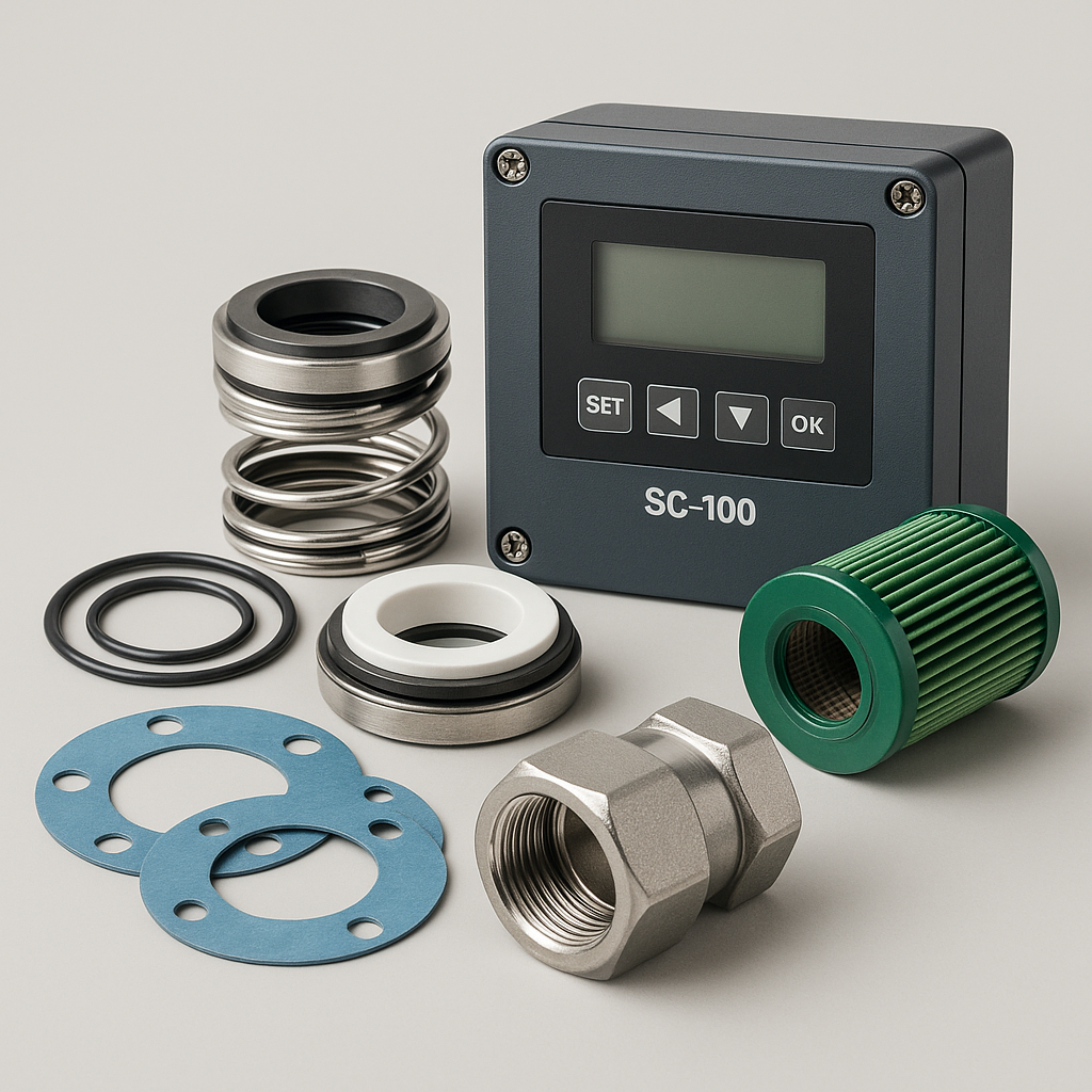 Steuergerät mit Display sowie verschiedene Ersatzteile wie Dichtungen, O-Ringe, Filtereinsatz und Metallverschraubung, auf hellem Hintergrund angeordnet.