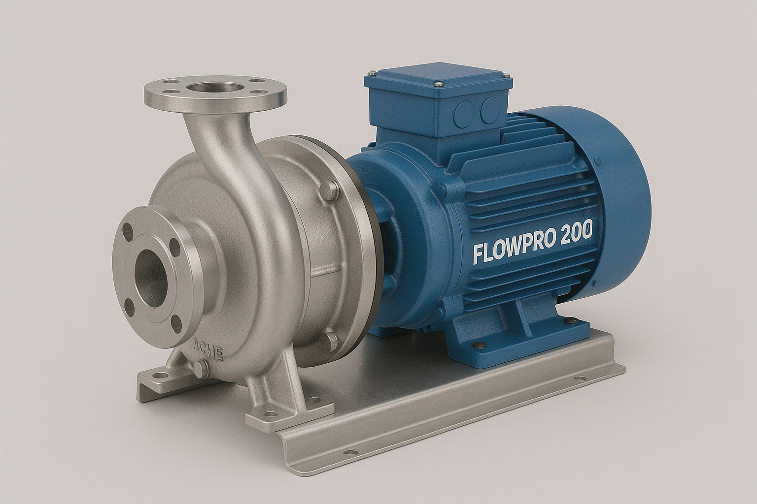 Seitenansicht einer Kreiselpumpe aus matt glänzendem Edelstahl mit Flanschanschluss, die über eine Welle mit einem blauen Elektromotor mit der Aufschrift „FLOWPRO 200“ verbunden ist, beide auf einer Metallgrundplatte vor neutralem Hintergrund montiert.
