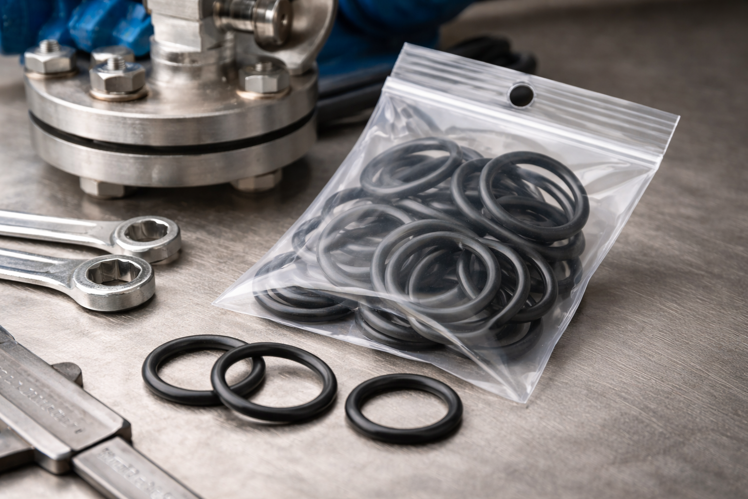 Detailaufnahme eines transparenten Beutels mit schwarzen NBR‑O‑Ringen auf einer Metallarbeitsfläche, einige Ringe liegen lose davor, links sind zwei Maulschlüssel, unten ein Messschieber zu sehen, im Hintergrund ein montierter Metallflansch einer Anlage.