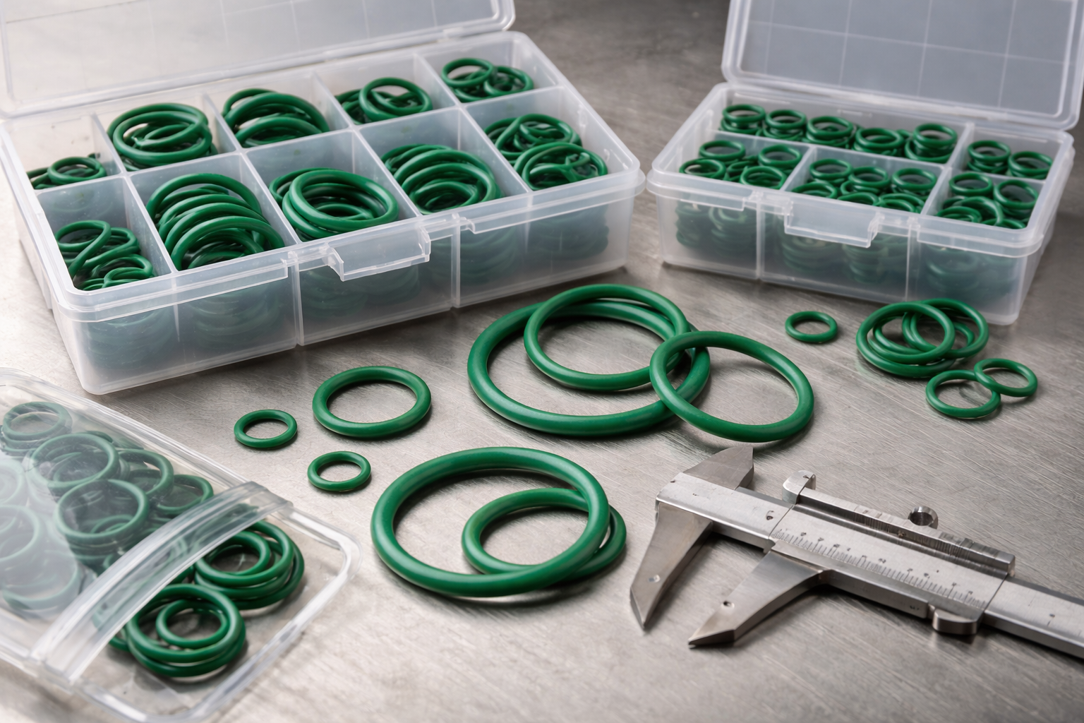 Detailaufnahme transparenter Sortimentskästen auf einer Metallarbeitsfläche, gefüllt mit zahlreichen grünen O‑Ringen in unterschiedlichen Durchmessern, einige Ringe liegen lose davor, rechts davon liegt ein geöffneter Messschieber zur Größenkontrolle.