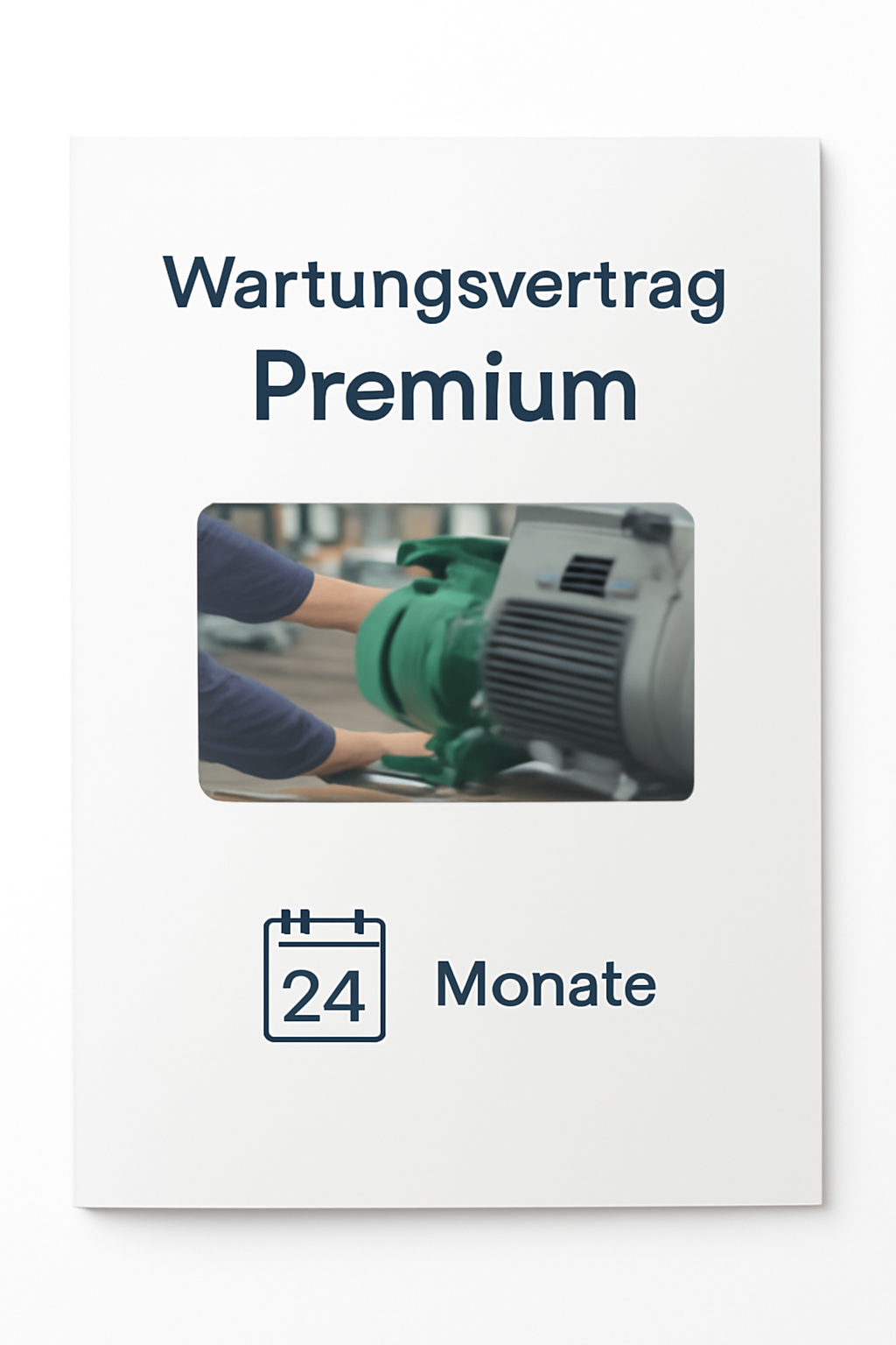 Grafik auf weißem Hintergrund mit der blauen Überschrift „Wartungsvertrag Premium“, darunter ein Foto, auf dem eine Person an einer grünen Pumpe mit Elektromotor arbeitet, am unteren Rand ein Kalender‑Symbol mit der Zahl „24“ und dem Text „Monate“.