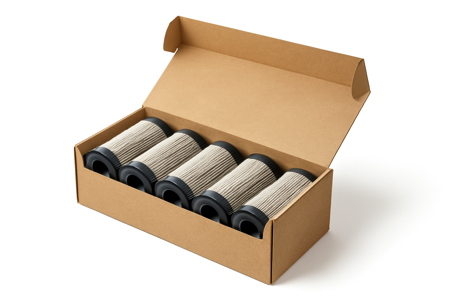 Offener brauner Versandkarton auf hellem Hintergrund, gefüllt mit fünf zylindrischen Filtereinsätzen mit gefaltetem Filtermaterial und schwarzen Endkappen, nebeneinander angeordnet als Set von Ersatzfiltern.